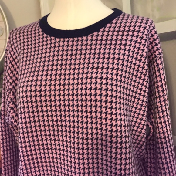 100% Extra fine Merino wool houndstooth pink/navy sweater - Picture 4 of 12